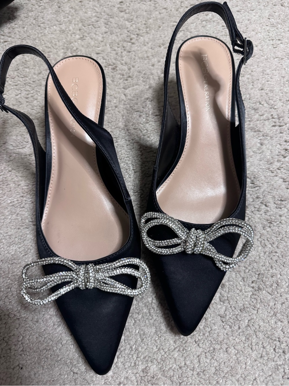 BCBG Black Satin Slingback Pointed Toe Flats with Crystal Bow NWOB